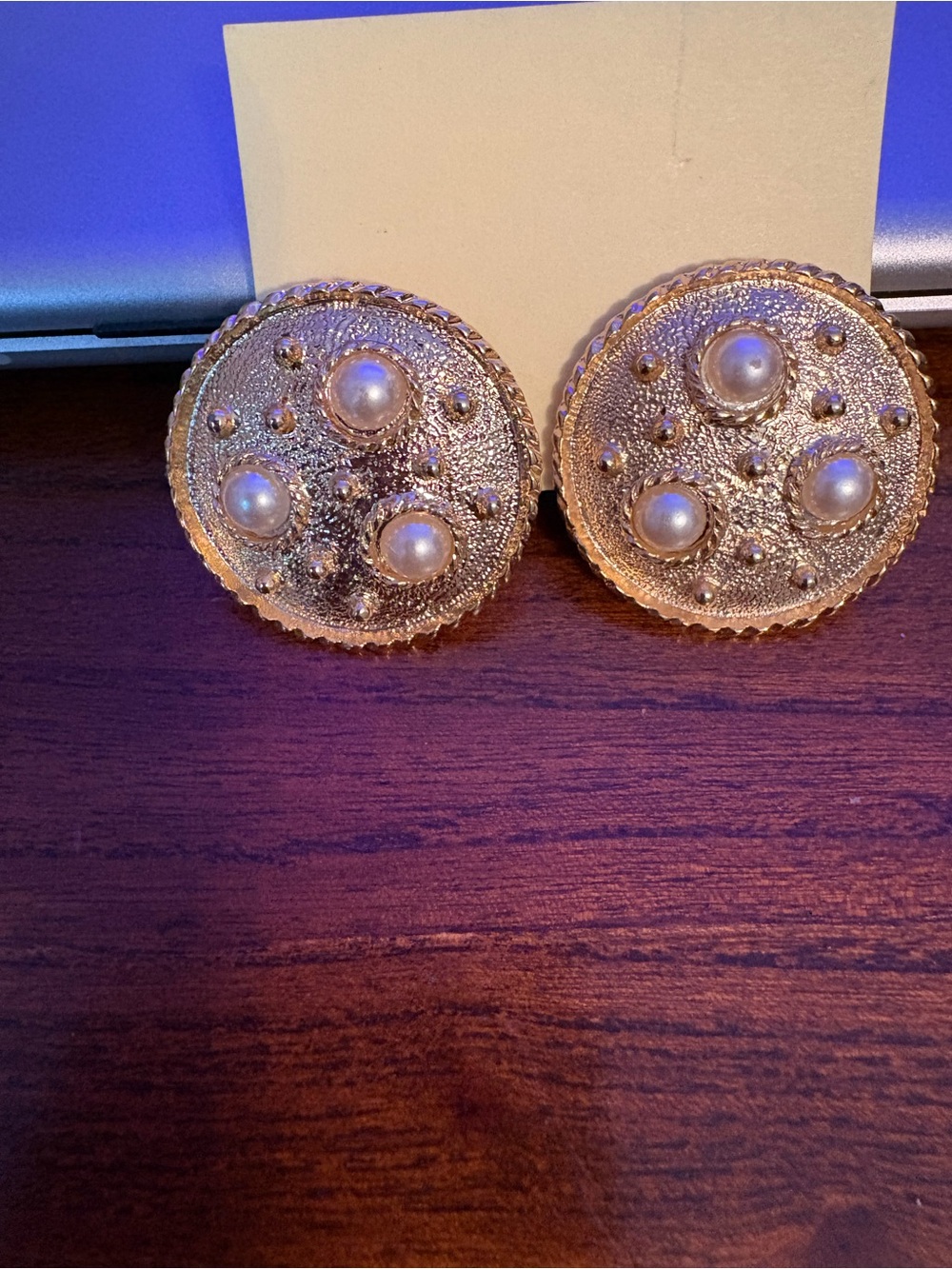 Vintage Gold Button Earrings with Pearl Accents - Gold and White